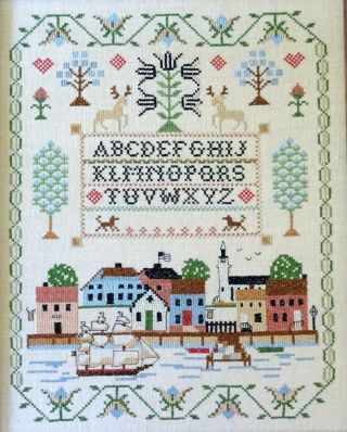 Completed Alphabet Cross Stitch Sampler Picture Framed Antique Style Ship Town