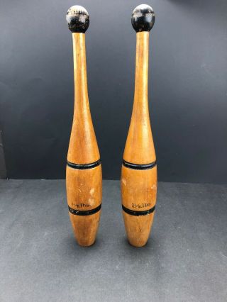 Vintage Wooden Indian Clubs 2 Wood Excercise Juggling Pins Pair Two 16”
