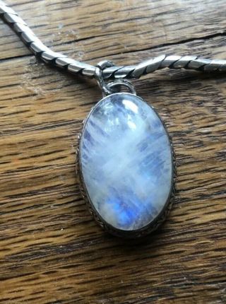 Moonstone Sterling Silver Pendant With Rope Chain Vintage Antique Estate 17 Inch