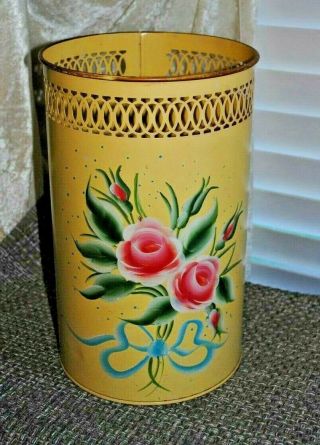 Vintage Metal Trash Can With Pink Roses Yellow