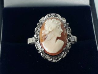 Antique Silver.  Shell.  Cameo French Ring.  Size O