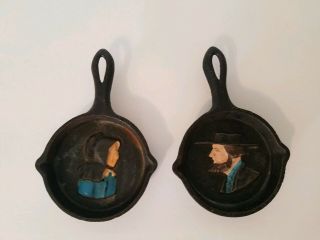 Vintage Mini Cast Iron Decorative Skillets - Amish Man & Woman - Set Of 2