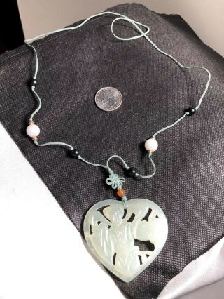 Vintage Carved Celadon Jade 2 Side Asian Gal Pendant Silk 26 " Necklace W Beads