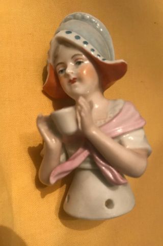 Antique 9352 Porcelain Doll Pin Cushion Topper Lady Drinking Tea