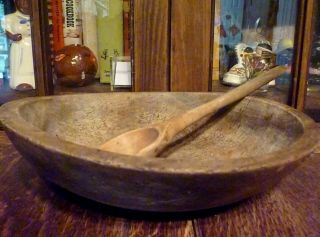 11 " Antique Primitive Grungy Munising Wooden Dough Bowl Rustic Kitchen W/ Spoon