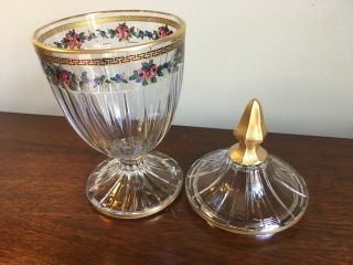 Antique 1920 ' s Glass Candy Dish Pedestal with Lid Gilded and hand Painted 2