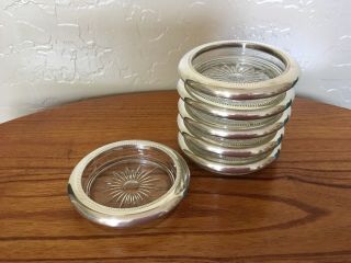Set Of 6 Vintage Sterling Silver Rim Cut Glass Coasters
