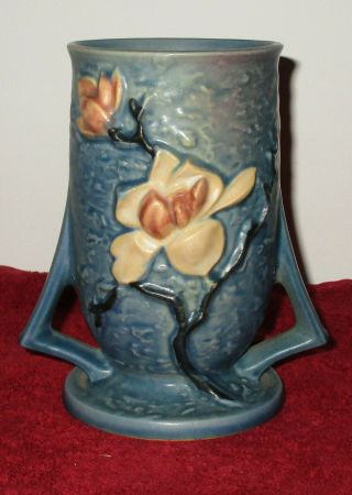 Antique Roseville Pottery 2 Handle Magnolia Blue Flower Vase 87 - 6 " Great Shape