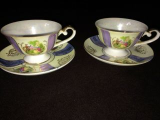 Antique Vintage 2 Tea Cup And Saucer Set Couple In Garden