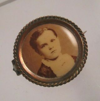 Antique Vintage Mourning Young Boy Photo Pin