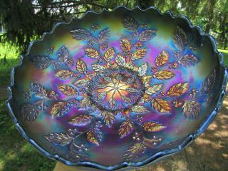 Fenton Holly Antique Carnival Art Glass Ics Bowl Blue Exceptionally Colorful