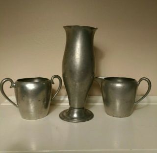 Vintage Pewter Creamer & Sugar And Pewter 7 " Vase
