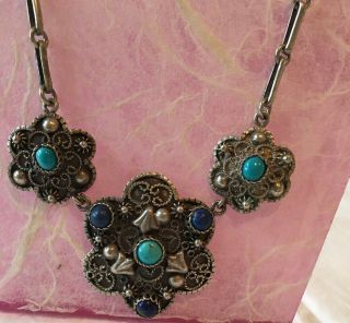 Lovely Antique Egyptian 800 Silver Necklace With Turquoise/lapis Lazuli 1950’s