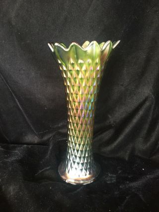 Northwood Diamond Point Antique Carnival Art Glass 9.  75” Vase Emerald Green Euc