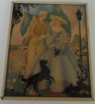 Vintage Convex Glass Silhouette Reverse Paint Color Print Victorian Couple W Dog