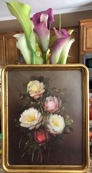 Antique Signed Oil Painting On Board Still Life Floral Framed 10x12