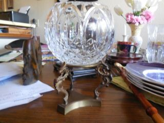 Vintage Heavy Lead Cut Crystal Rose Bowl With Brass Dragon Stand