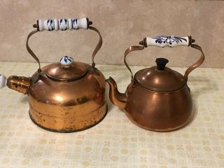 2 Vintage Copper Tea Kettles W Blue & White Delft Style Handles/knobs