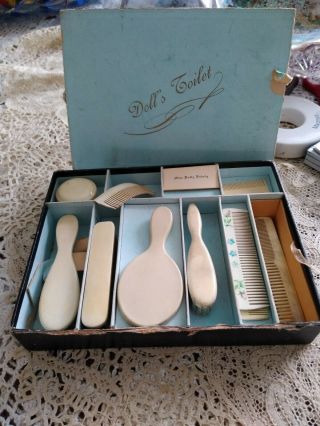 Victorian Antique Miss Dolly Dainty Miniature Dresser Set Comb Brush Box French