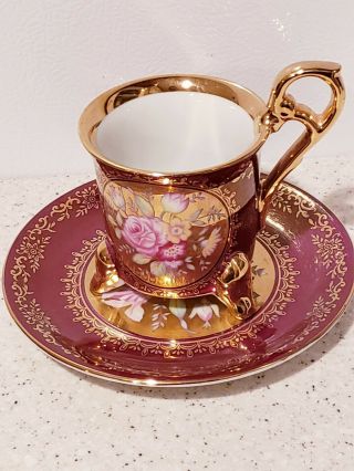Vintage 3 Footed Tea Cup & Saucer Ohashi China Japan Pink Heavy Gold 1932
