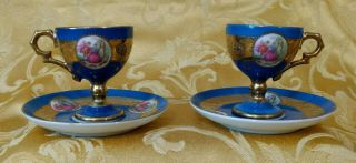 Antique Royal Vienna Demitasse Blue Footed Cups & Saucers Set Pair Marked 1620