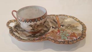 Antique Japanese Porcelain Tea Cup And Integrated Saucer Tray Signed