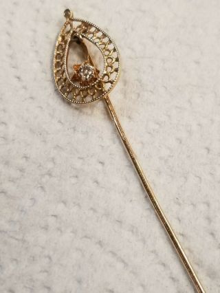 Antique Victorian 14k Yellow Gold White Diamond Stick Pin