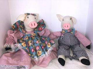 Vintage Handmade Clothes Boy And Girl Matching Country Farm Pigs Stuffed
