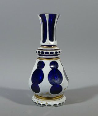 Small Antique Bohemian Cobalt Blue And White Overlay Cut Glass Bud Vase