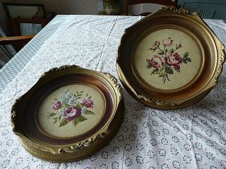 Vintage Hand Embroidered Pictures Pair/framed -