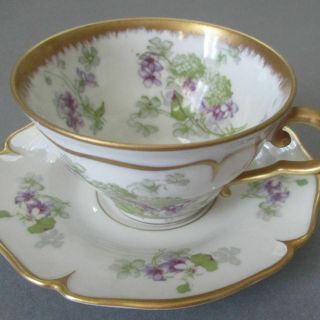 Antique French Porcelain Cup,  Saucer Violets,  Hydrangeas Gilt Trim Ajco France