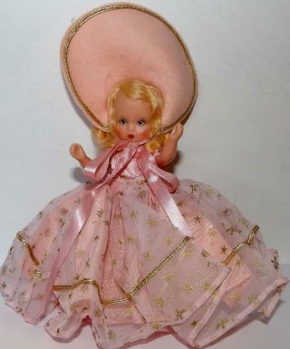 Nancy Ann Story Book Hard Plastic Doll Jointed Head Arms & Legs Pink Dress & Hat