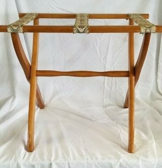 Vintage Scheibe Wood Folding Luggage Suitcase Rack Stand W/ Tapestry Straps