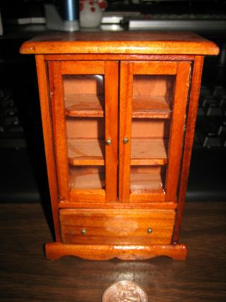 5 " X3 " Vintage Wood Hand Crafted Doll House Hutch Faux Glass Doors Drawer Shelves