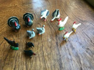 12 Vintage/antique Metal Cast Iron Miniature Farm Chicken Turkey Duck/geese