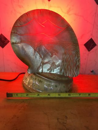 Hand Carved Sea Shell Lamp Vintage 9” Tall Palm Trees Bridge