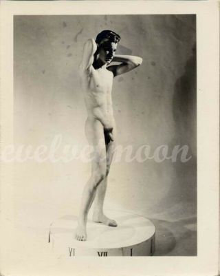 Vintage Male Nude - Milo Of La Figure Study In Studio On Platform Arms Raised