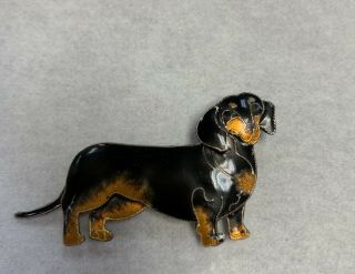 Antique Brooch Pin Vintage Sterling Silver And Enamel Dachshund Sausage Dog