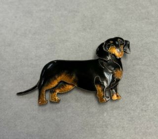Antique Brooch Pin Vintage Sterling Silver And Enamel Dachshund Sausage Dog 2
