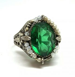 Antique Green Paste Stone Faux Pearl Sterling Silver Signed Filigree Ring Size 3
