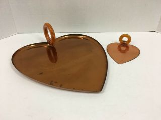 2 Vintage Heart Shaped Chase Copper Trays With Bakelite Handles