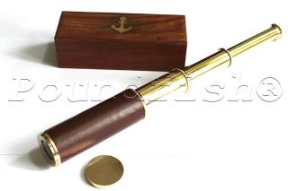 Solid Brass Spyglass Telescope W Storage Wooden Box - 15 - Inches Leather Sheathed