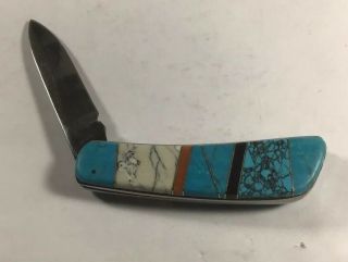 Vintage Zuni Inlay Pocket Knife.  Stainless Steel By Rosterei.