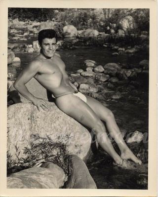 Vintage Male Nude - Bruce Of La - Figure Study Leaning Back On Boulder By Stream