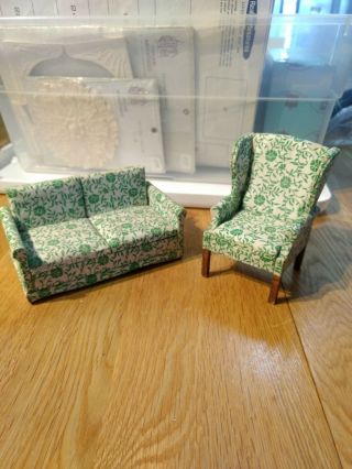 Vintage Dollhouse Miniature Wood Upholstered Green Sofa,  Chair Furniture