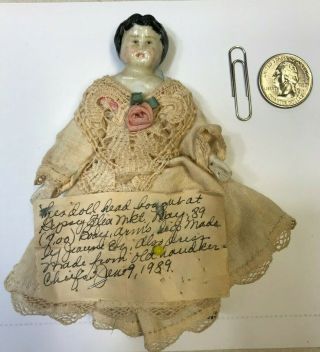 Antique Germany China Head On Cloth Body 5 " Miniature Dollhouse Doll With Note