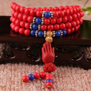 Natural Red Cinnabar Carving Lacquer Chinese Buddha Kwan Yin Hand Bracelet
