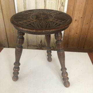 Vintage Wooden 3 Legged Stool Carved Seat