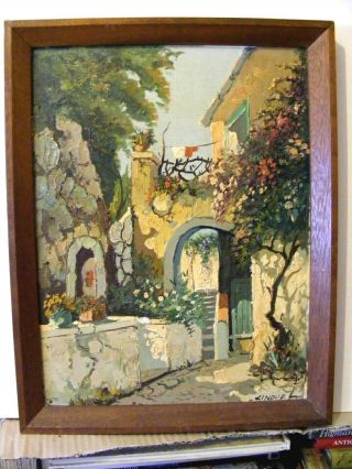 Vintage 20thc Oil Painting Of Sunny Italian Courtyard Garden,  Capri Naples Italy