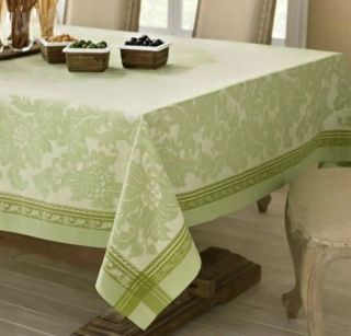 Williams Sonoma Antique Floral Jacquard Cotton Linen Tablecloth 70 X 90 Green